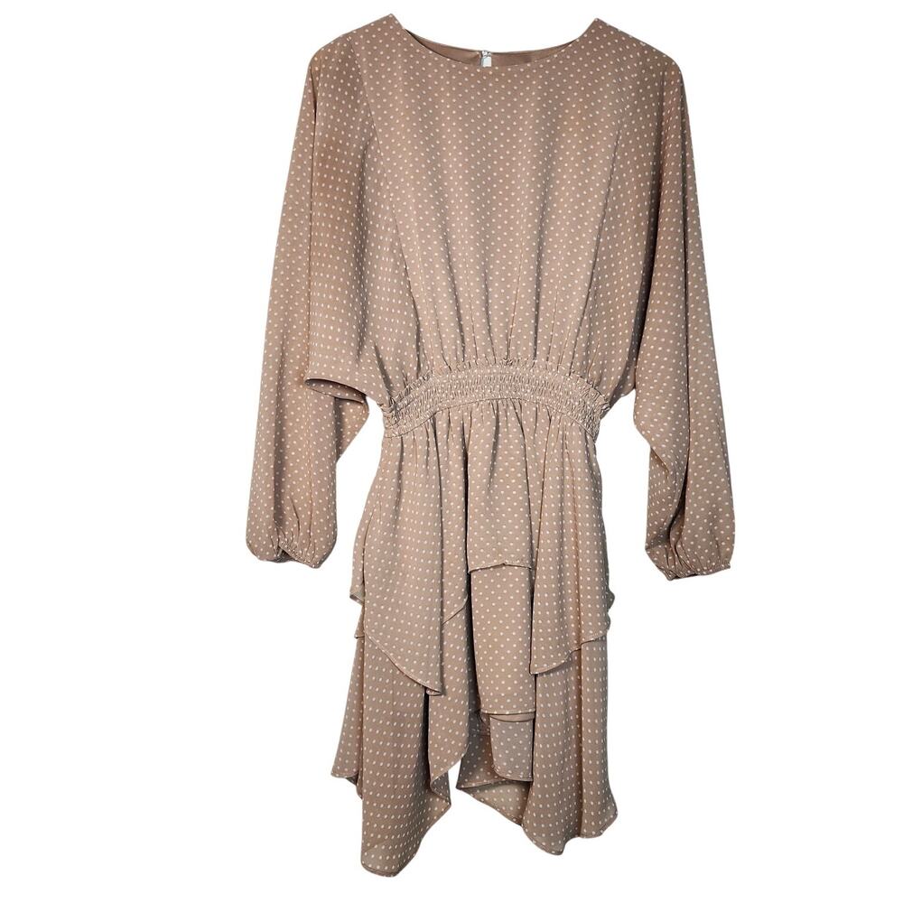Favlux Tan and White Polka Dot Long Sleeved Tiered Mini Dress Size Small